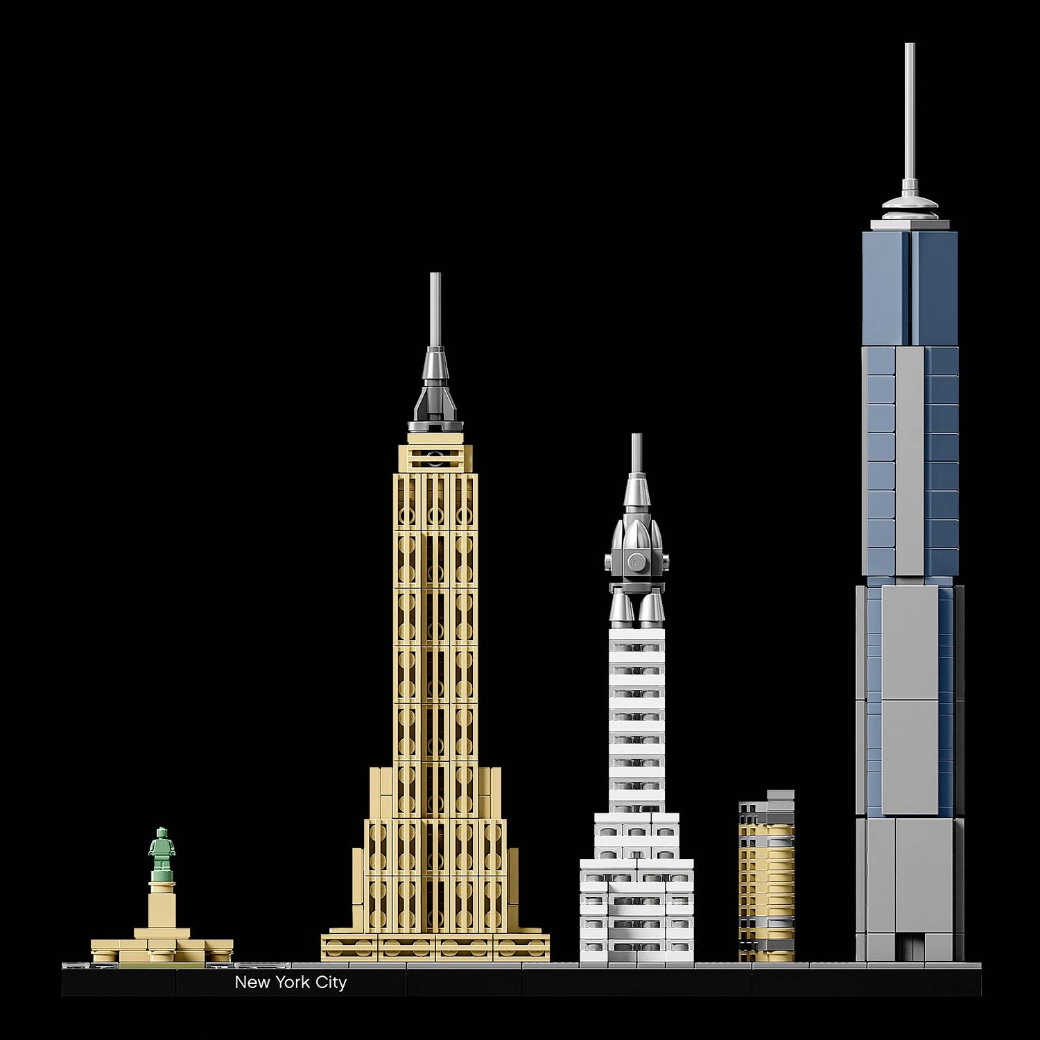 Eine LEGO-Nachbildung von Wahrzeichen New York Citys, darunter die Freiheitsstatue, das Empire State Building und das One World Trade Center.