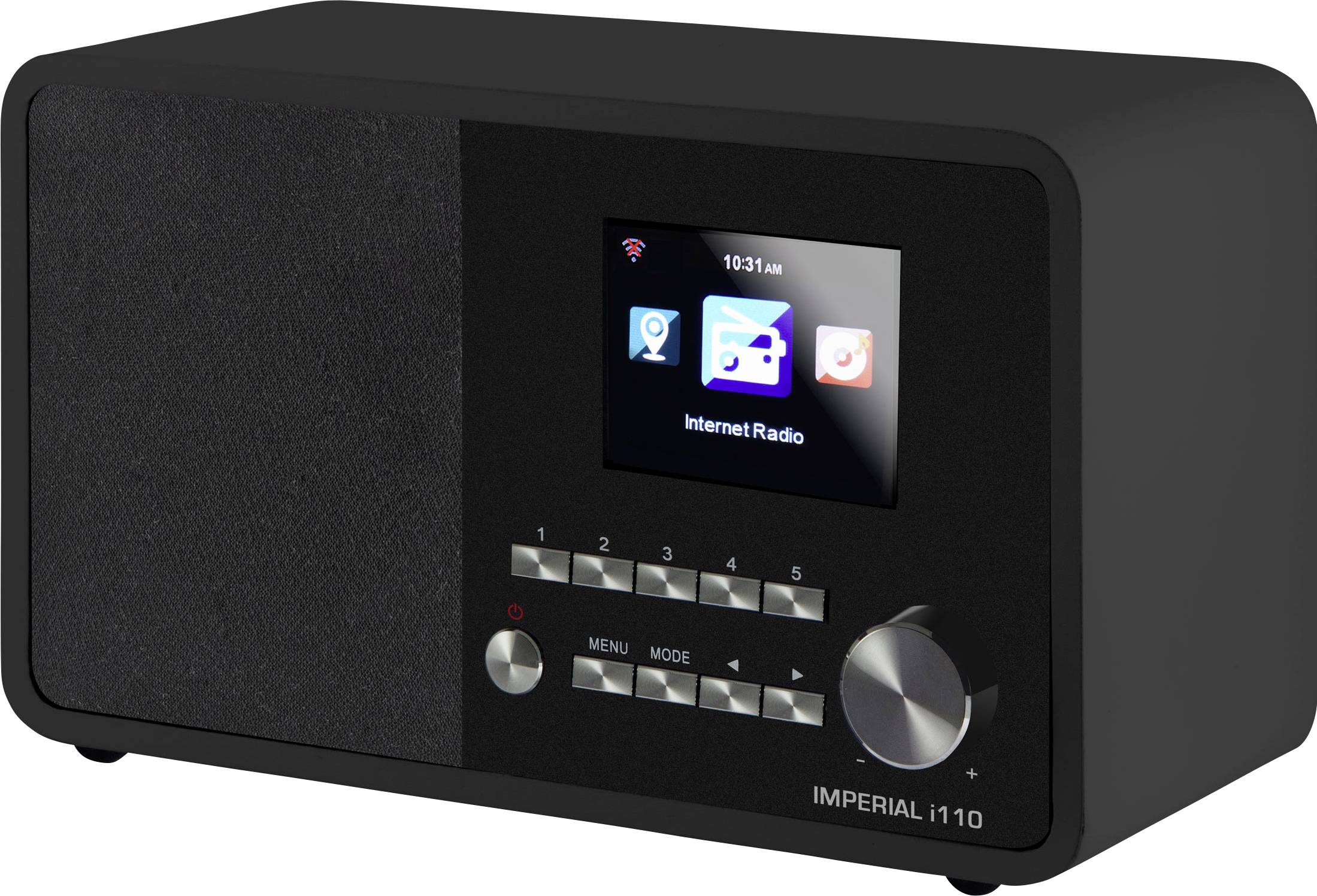 Schwarzes Internetradio mit Display und Knöpfen zur Steuerung von Lautstärke und Senderwahl. Display zeigt 'Internet Radio'.