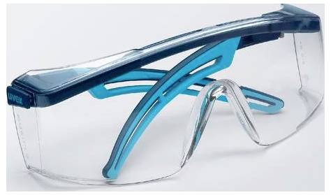 Eine transparente Schutzbrille mit blauen Akzenten, geeignet für den Augenschutz bei handwerklichen oder industriellen Tätigkeiten.