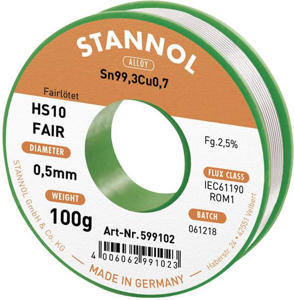 Stannol HS10-Fair Lötzinn Spule Sn99,3Cu0,7 ROM1 100 g 0.5 mm