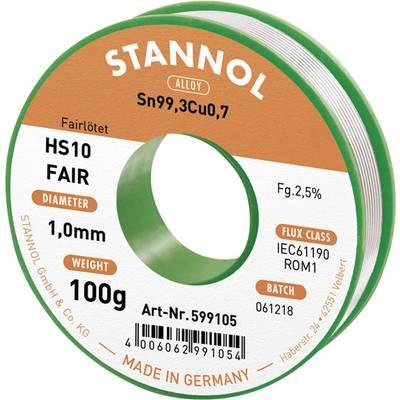Stannol HS10-Fair Lötzinn Spule Sn99,3Cu0,7 ROM1 100 g 1 mm