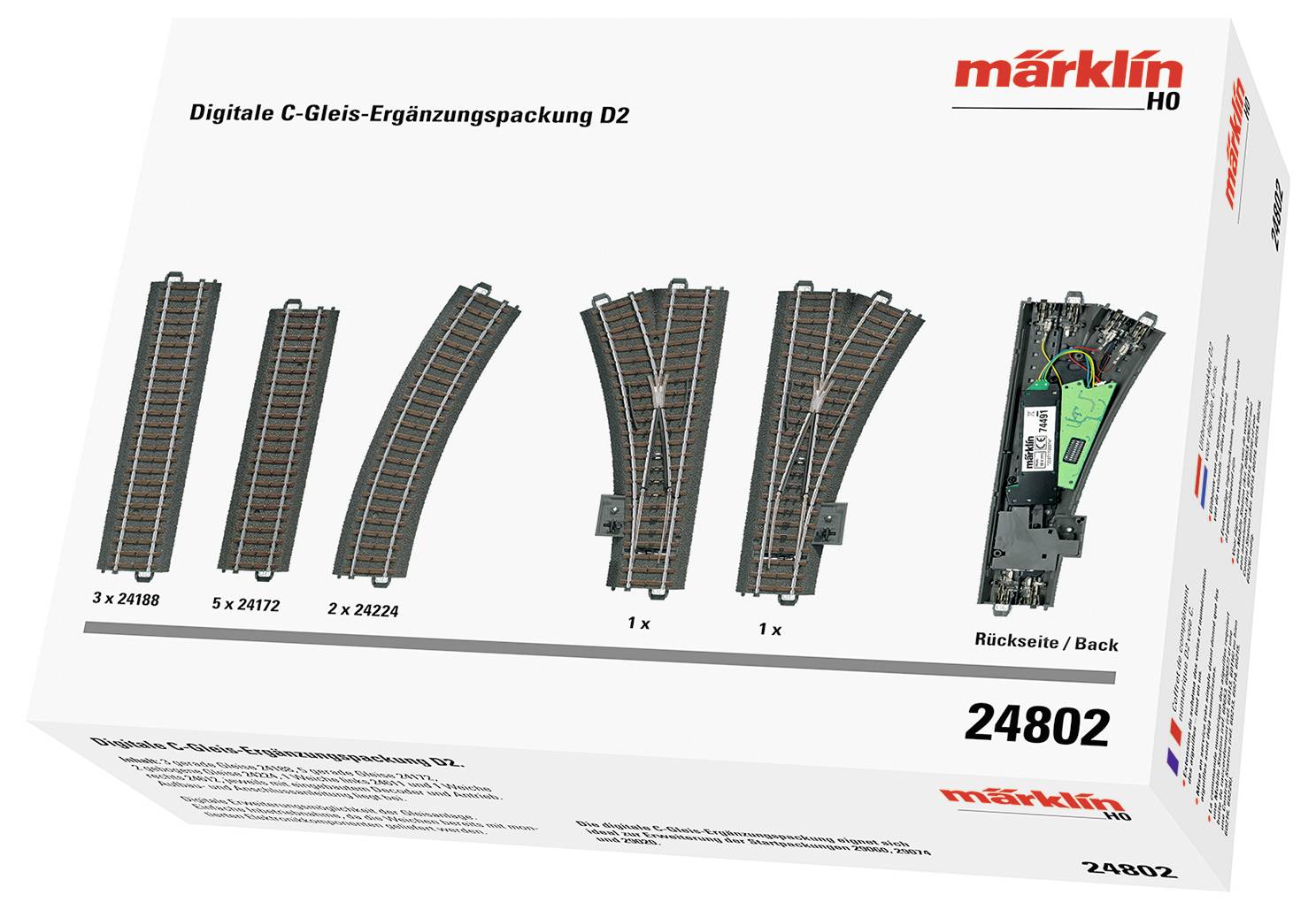 Modelleisenbahnschienen-Set-Box mit gebogenen und geraden Schienen, Teilenummer 24802, mit beschrifteten Inhalten und Märklin-Branding.