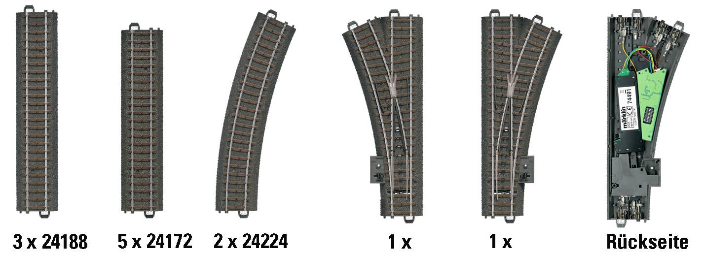 Gleisset mit 3 geraden, 5 kurven, 2 abzweigenden Gleisen und 1 Weichengleis, Vorder- und Rückseite beschriftet:<br><br>Vorderseite<br>Vorne<br><br>Rückseite<br>Hinten