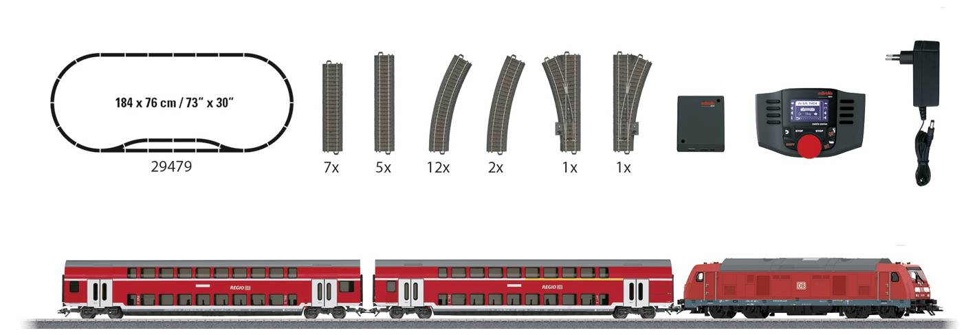 Ein Modellbahnen-Set mit rotem Zug und acht Schienenstücken. Enthält Lok, zwei Wagen, Steuerung und Netzteil für Spur H0.