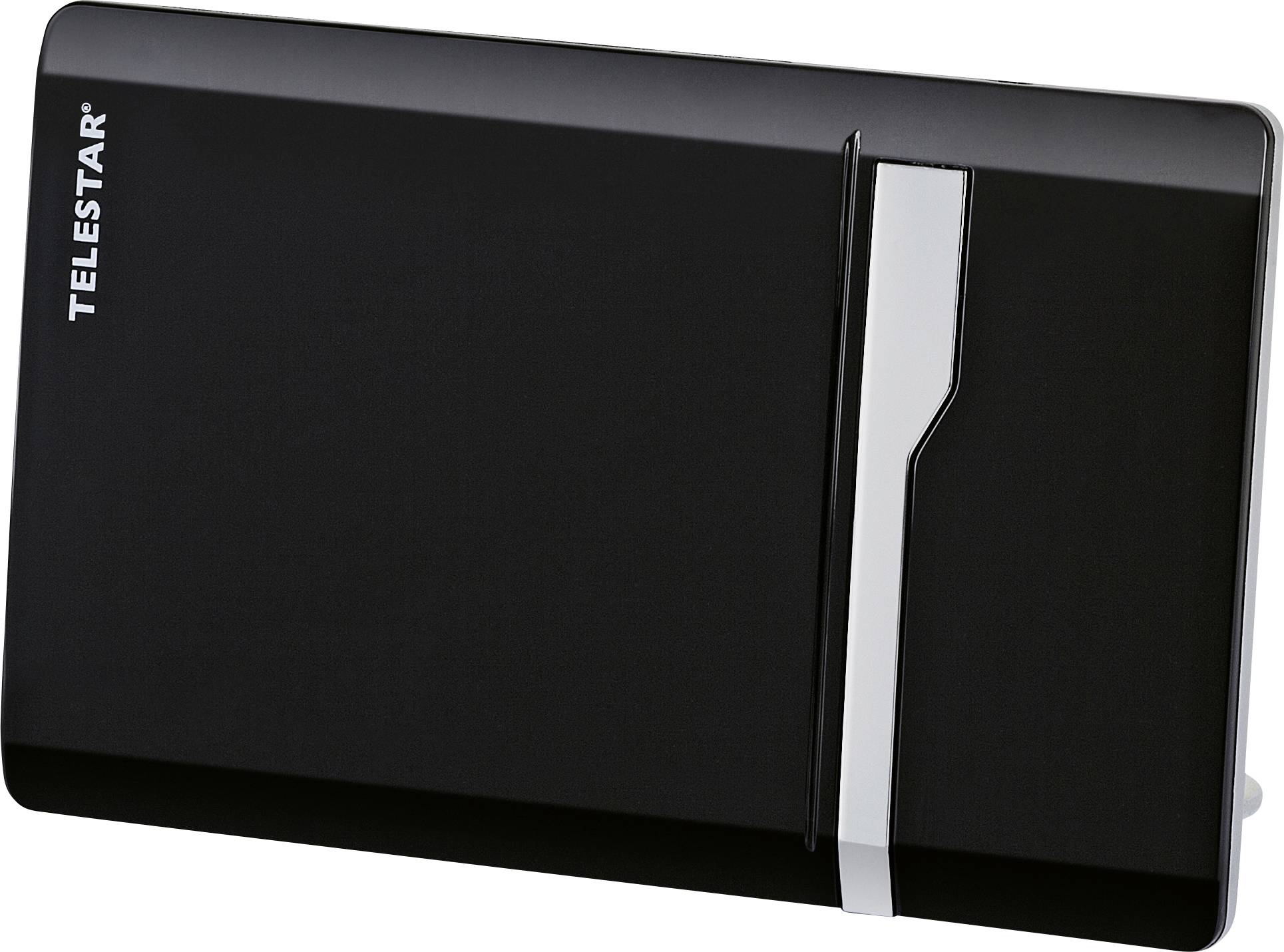 'TELESTAR' DVB-T2 Antenne, schwarz, rechteckig mit silbernem Streifen.
