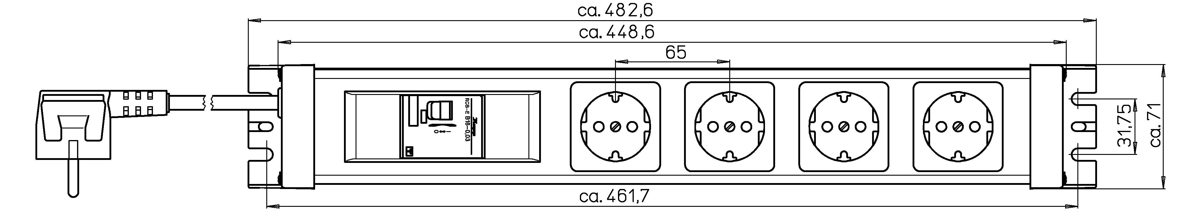 Technische Zeichnung einer Steckdosenleiste mit vier Steckdosen und einem Netzkabel, detaillierte Maßangaben in Millimetern.