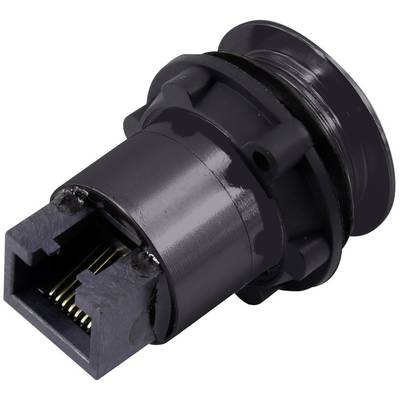 Ein schwarzer RJ45-Steckverbinder für industrielle Anwendungen, zeigt die Buchse und Gehäuse mit integriertem Schraubmechanismus.
