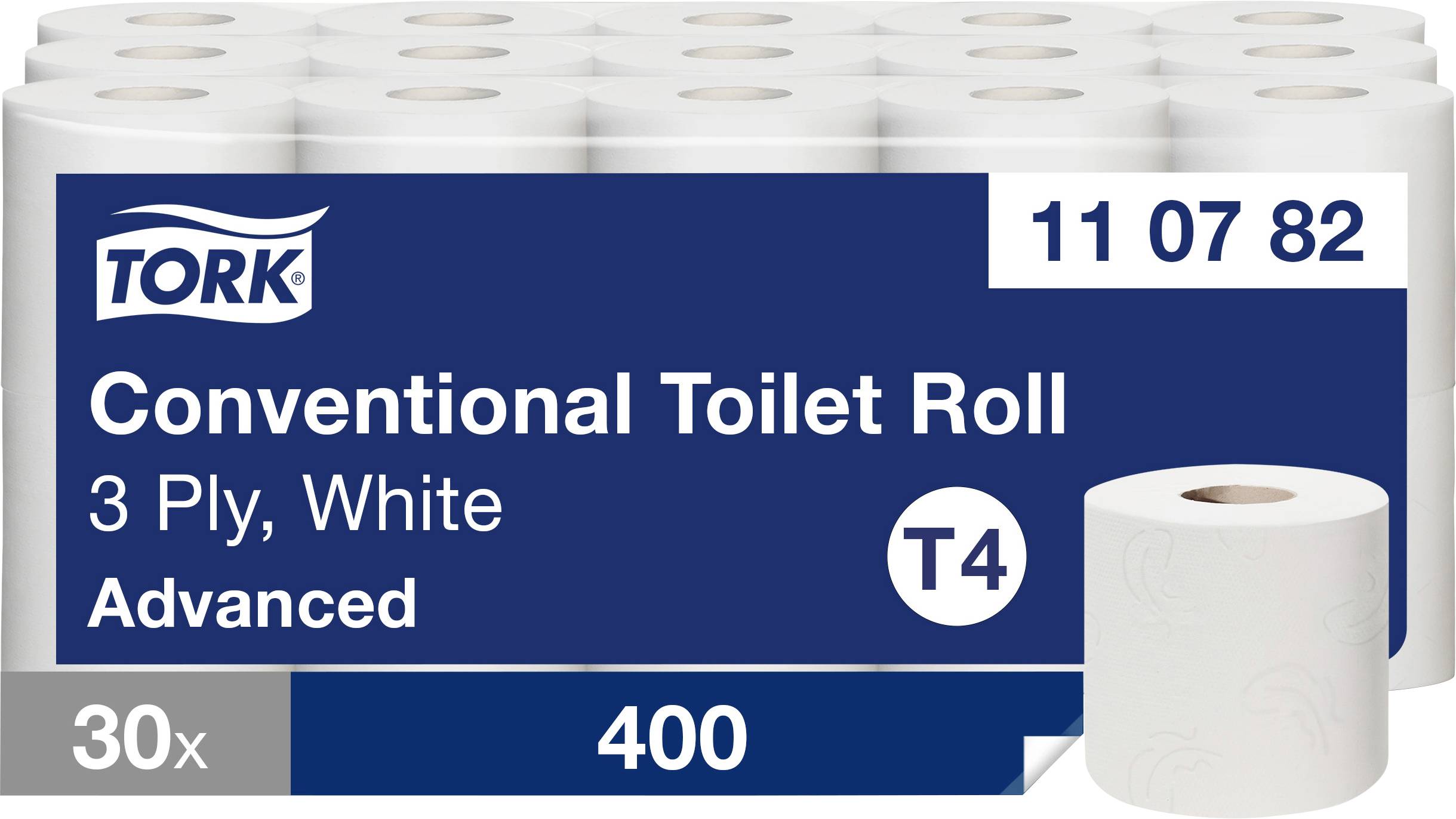 Packung Tork Konventionelle Toilettenpapierrollen, 3-lagig weiß Advanced T4, 30 Rollen x 400 Blatt.