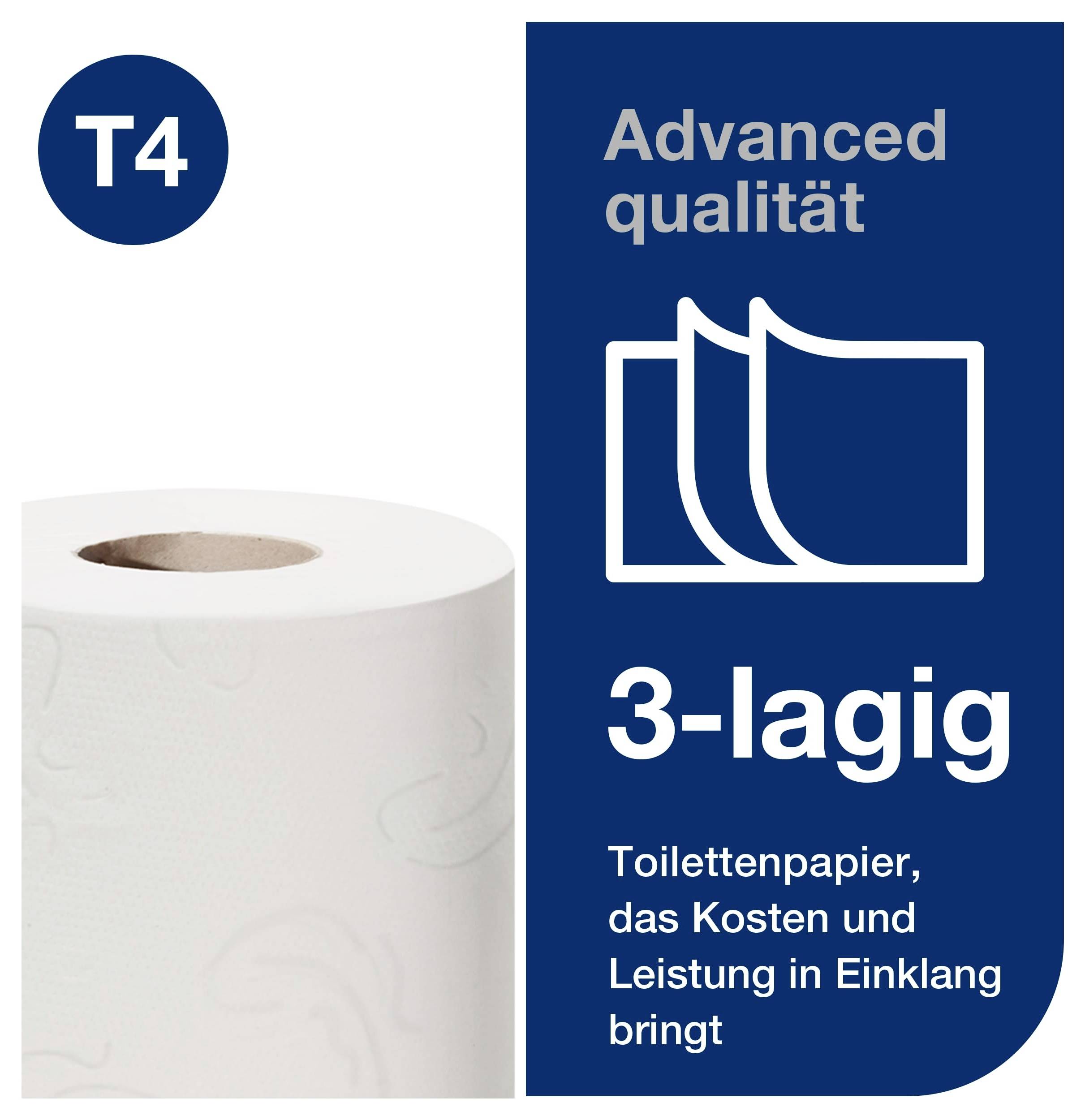 Toilettenpapier-Rolle mit Aufdruck 'T4'; Hinweisfeld zeigt 'Advanced Qualität', '3-lagig' und 'Toilettenpapier, das Kosten und Leistung in Einklang bringt'.