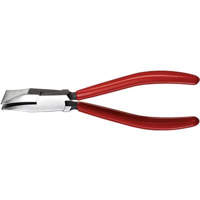 Eine rote Flachzange mit Metallbacken, die auf einem weißen Hintergrund liegt. Sie wird üblicherweise zum Greifen oder Schneiden verwendet.