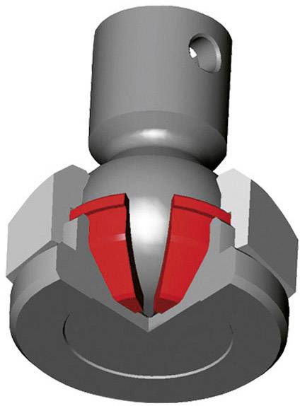 Illustration eines rot-grauen mechanischen Bauteils mit abgeschrägten Kanten und zylindrischem Kopf, möglicherweise ein Werkzeug.