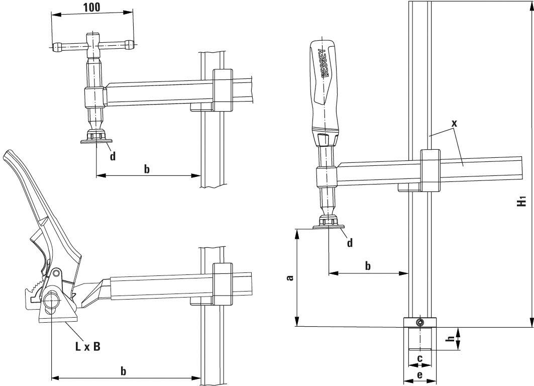Technische Zeichnung einer Schraubzwinge mit Griff und Hebelmechanismus. Maße und Perspektivenansichten sind dargestellt.