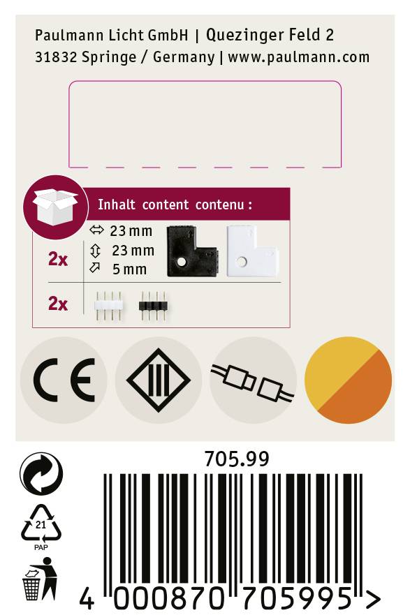 'Paulmann Licht GmbH' Verpackungsetikett - beinhaltet CE und RoHS Symbole, Barcode und Installationsinhalt: 2x 23mm, 23mm, 5mm Teile.