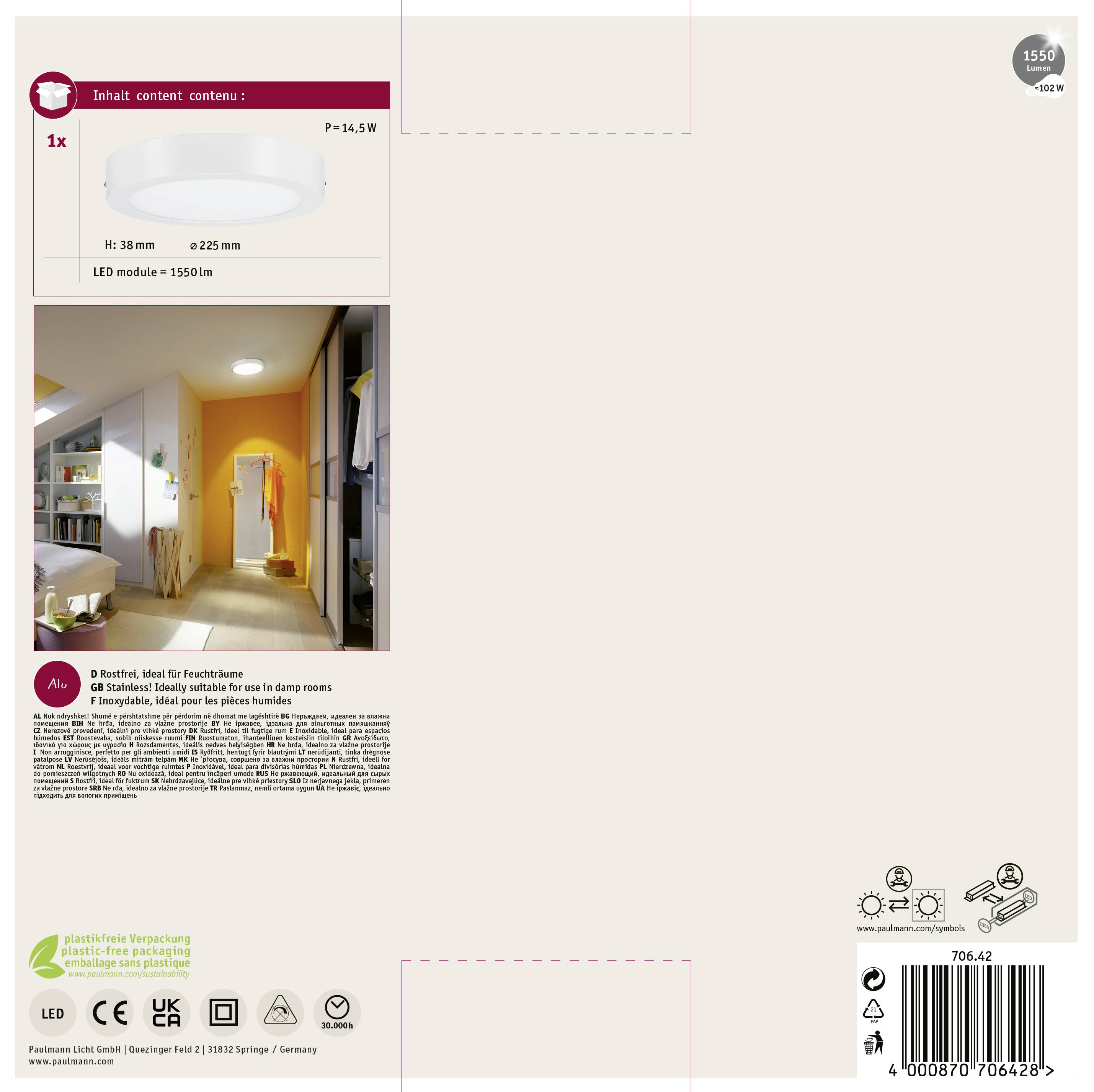 Produktverpackung einer Deckenlampe mit runder Form. Abmessungen sind H: 38 mm und Ø: 225 mm. Lichtleistung beträgt 1550 lm. Enthalten: 1 Lampe.
