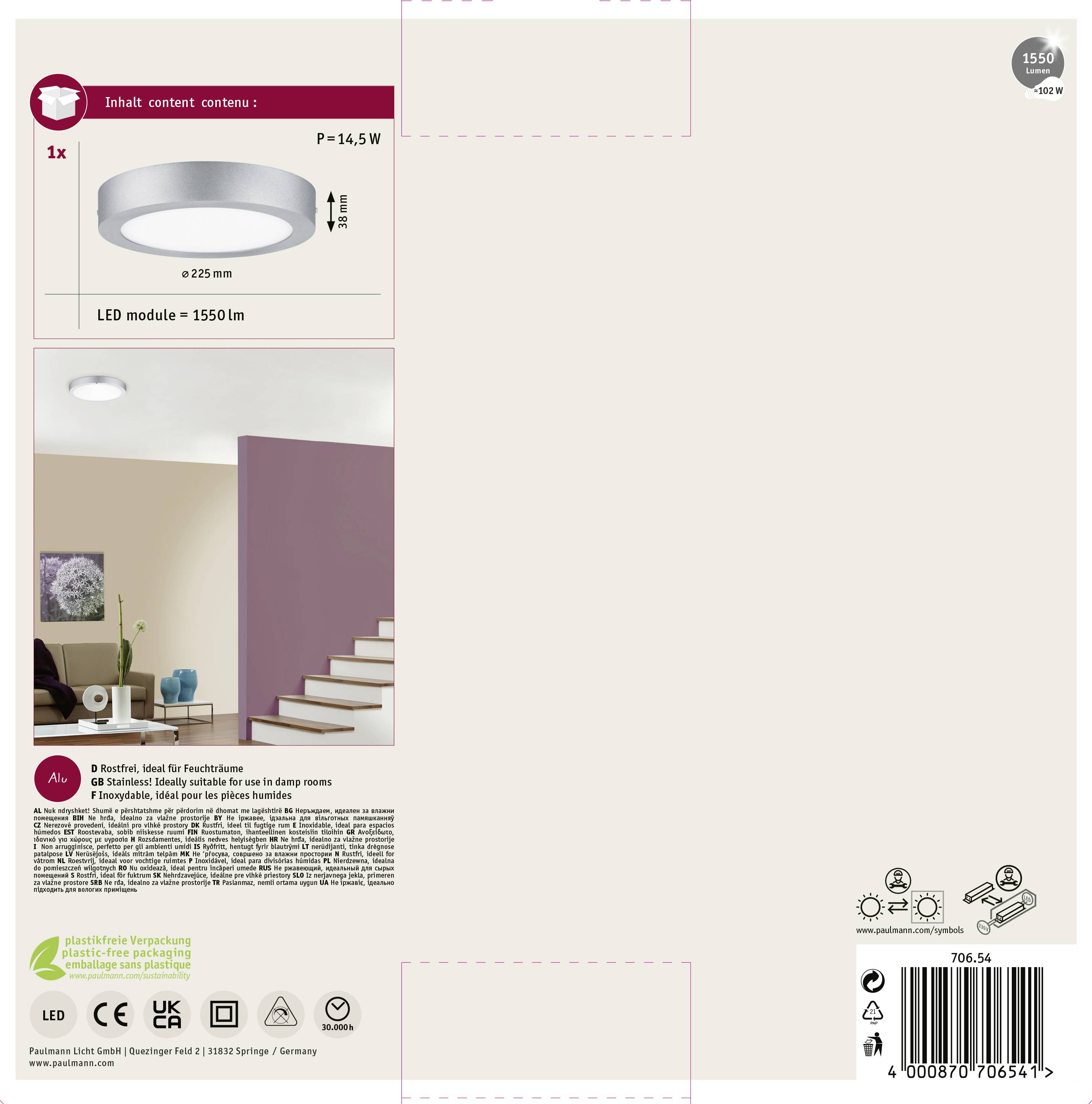 Eine LED-Deckenleuchte, 14,5 W, mit einem Leuchtstrom von 1550 lm, dargestellt in einem Wohnraum über einer Treppe installiert.