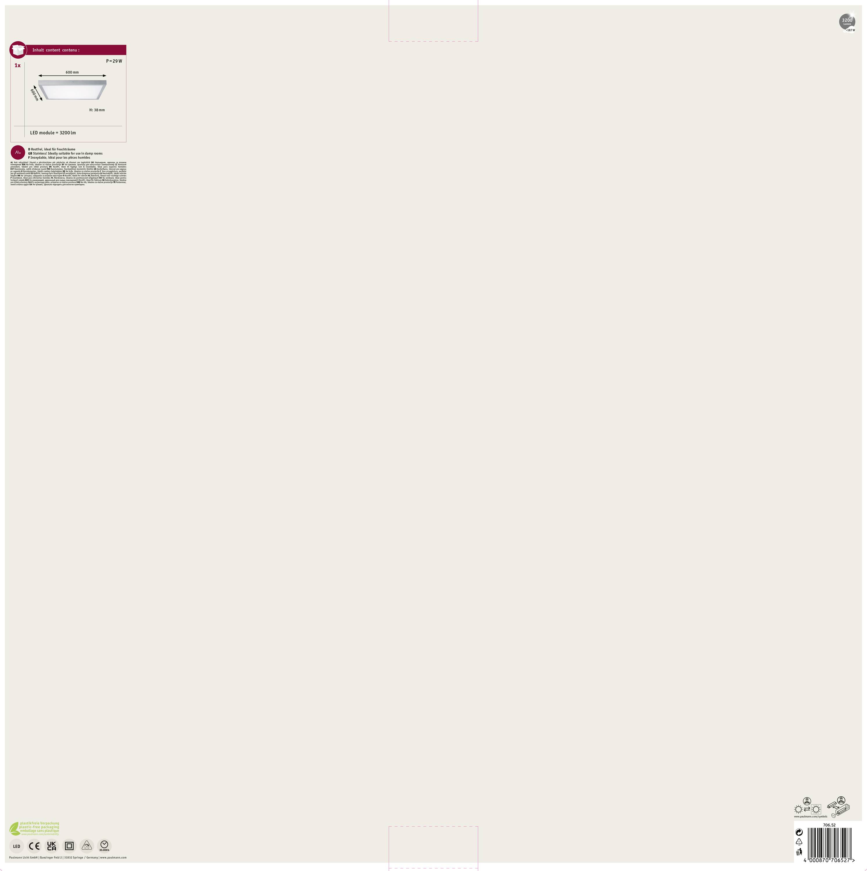Verpackungsrückseite zeigt eine Grafik einer Plastikschale von Pro Cook mit Bezeichnung, Maßen und Barcode in der Ecke.
