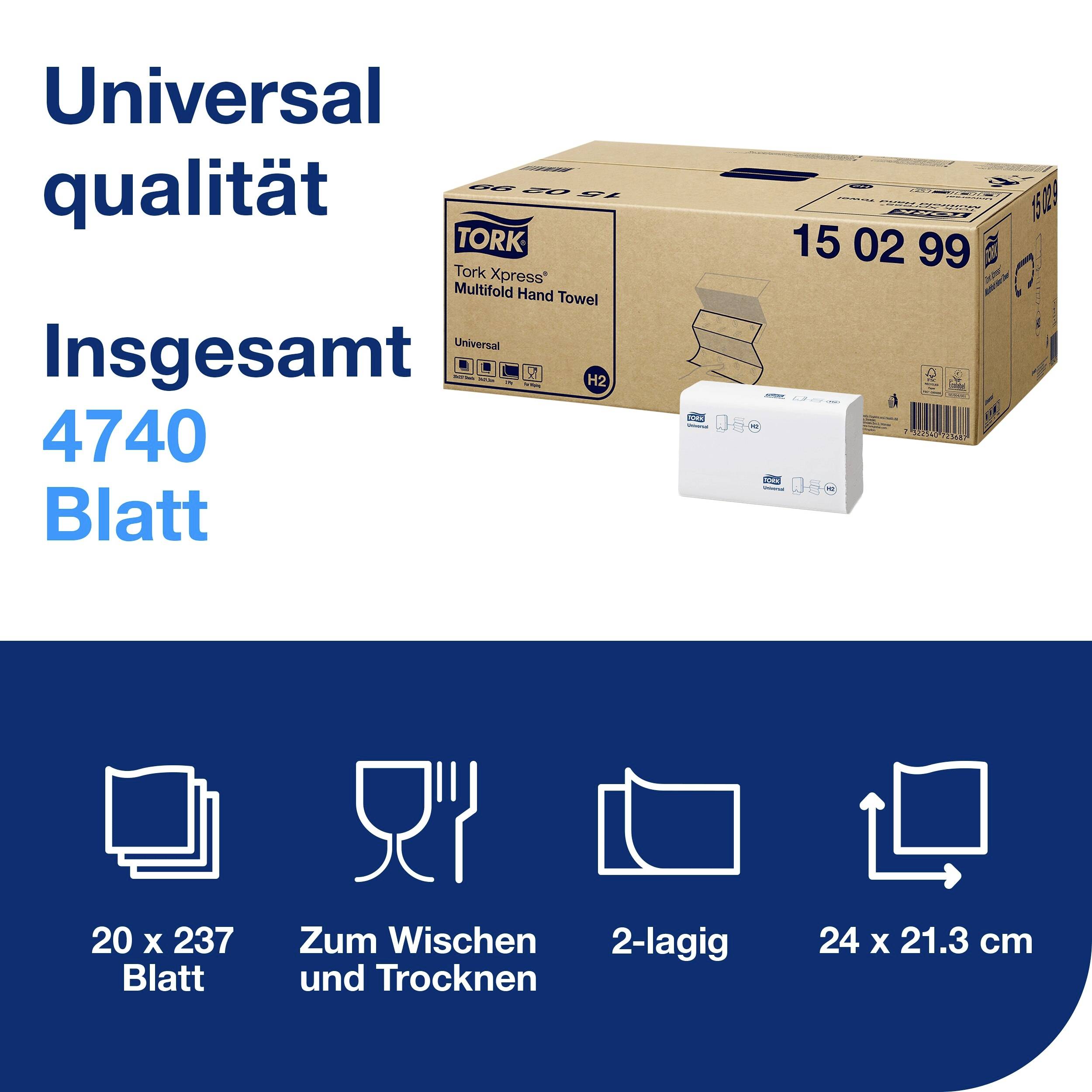 'Tork Xpress Multifold Hand Towel, 15 Pakete, insgesamt 4740 Blatt, 2-lagig, 24 x 21,3 cm.'