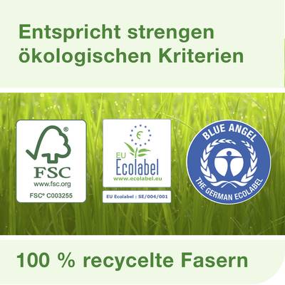 'Entspricht strengen ökologischen Kriterien', drei Ökosiegel: FSC, EU Ecolabel, Blauer Engel, grüne Wiese, '100% recycelte Fasern'.