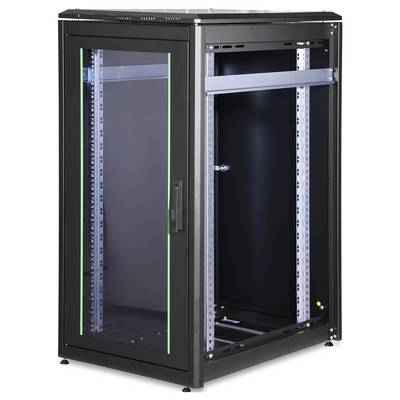 Schwarzes Server-Rack mit Glastür, teilweise leer. Seitenansicht zeigt Rahmengestell zur Aufnahme von Servern und Netzwerkgeräten.