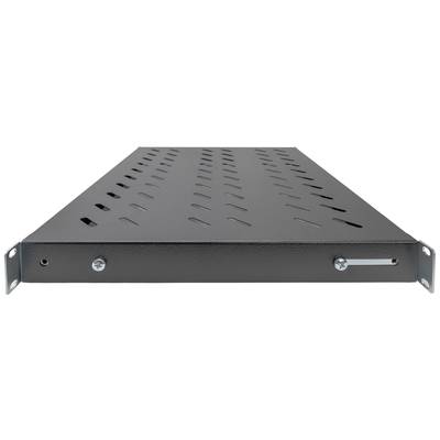Schwarzes, perforiertes Rackregal aus Metall, 1HE, zur Wand- oder Schrankmontage in IT oder Audio-Installationen, Vorderansicht.
