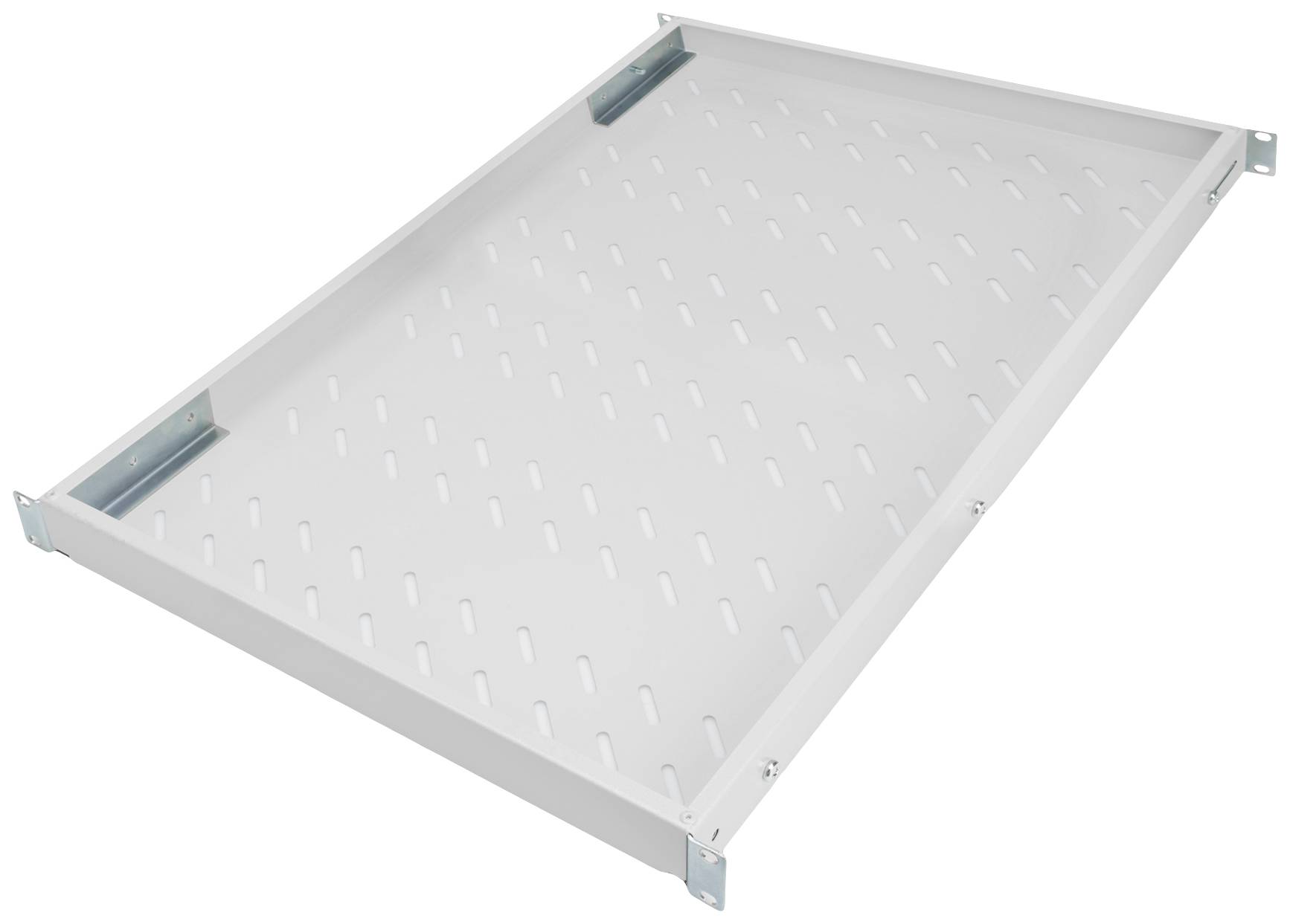 Metallschublade mit perforiertem Boden, geeignet für Montageschienen in technischen oder industriellen Anwendungen.