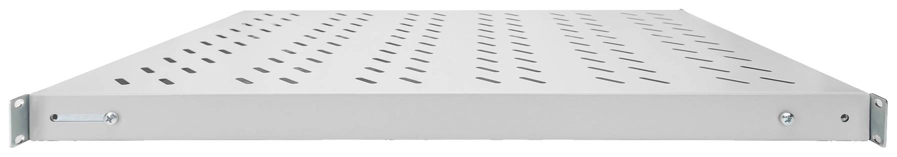 Metallregalboden mit belüfteten Strecklöchern, silberfarben, rechteckig. Montierbar in Regalsystemen, stabil und robust.