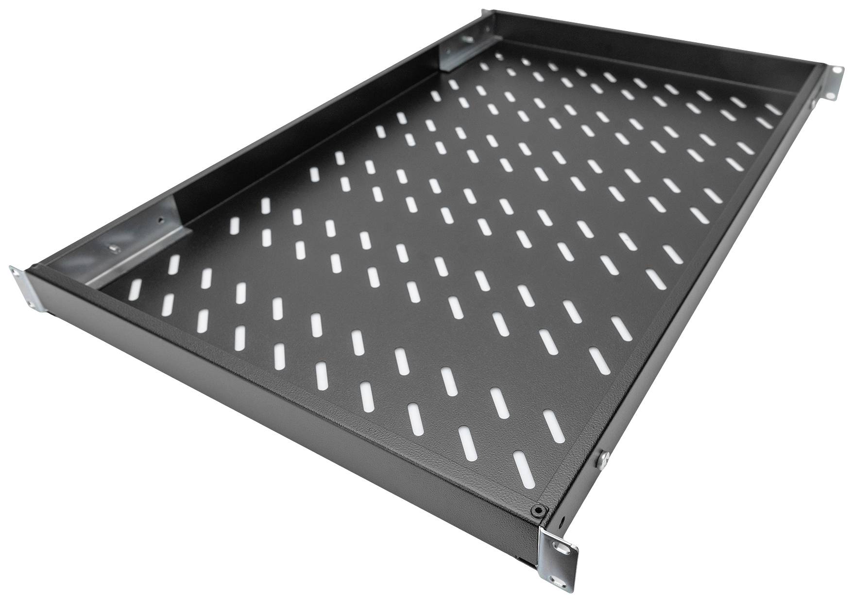 Einfaches schwarzes Metallregal mit Löchern zur Belüftung, geeignet für den Einsatz in Server-Racks oder anderen industriellen Anwendungen.