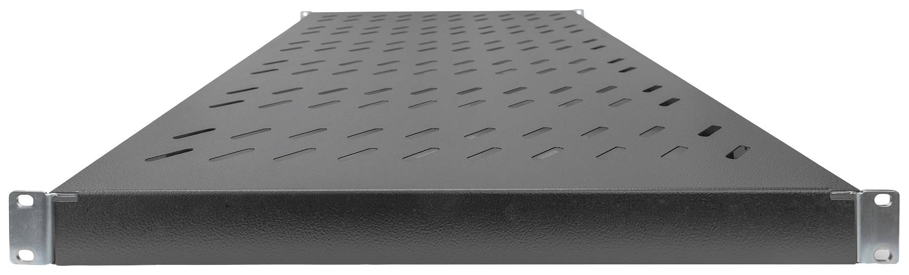 Metallregalboden mit Belüftungsschlitzen, geeignet für 19-Zoll-Rackmontage in einem Server- oder Netzwerkgerät.