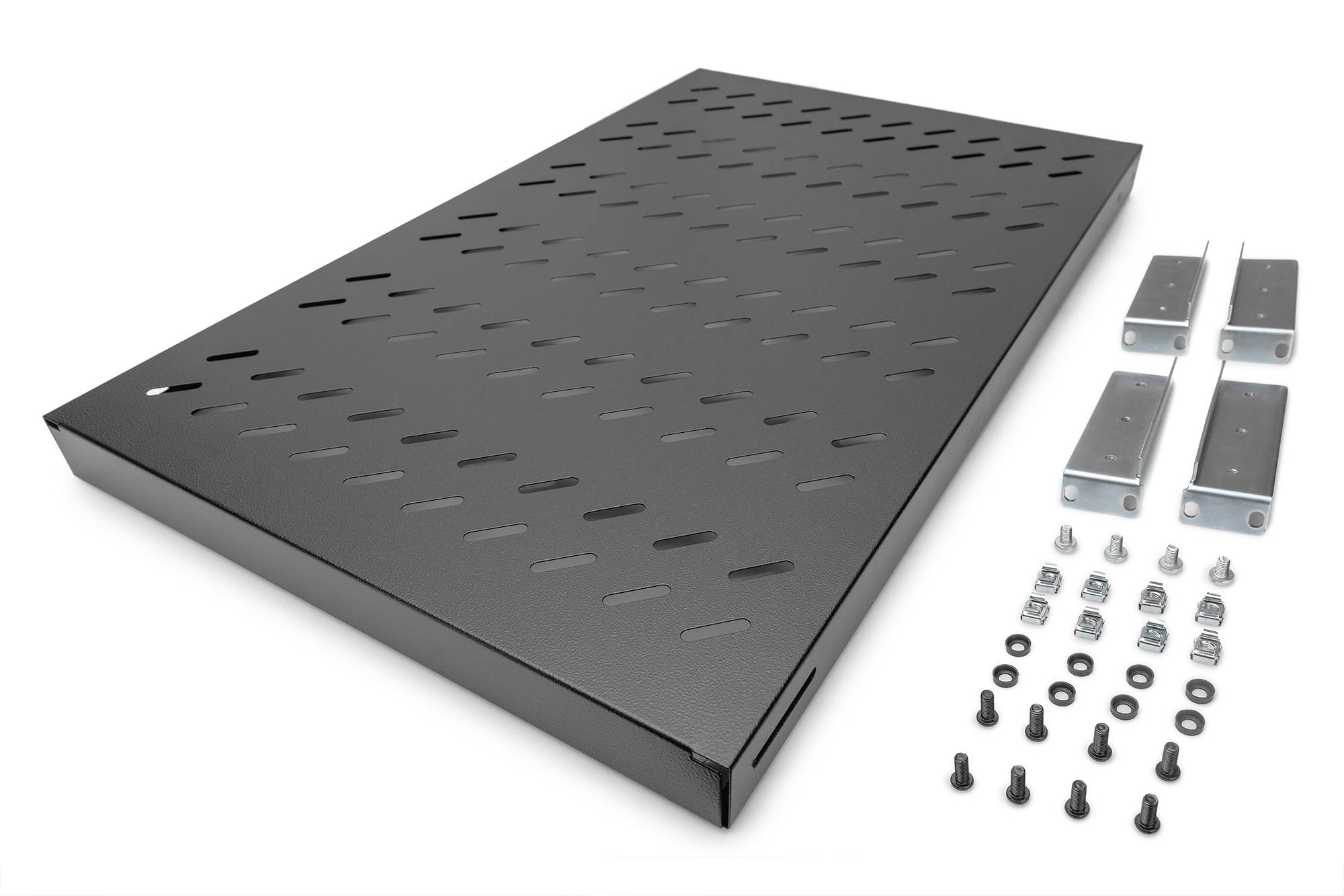 Metallregalplatte mit seitlichen Befestigungswinkeln und Schrauben in verschiedenen Größen. Ideal für den Bau oder die Erweiterung eines Regals.