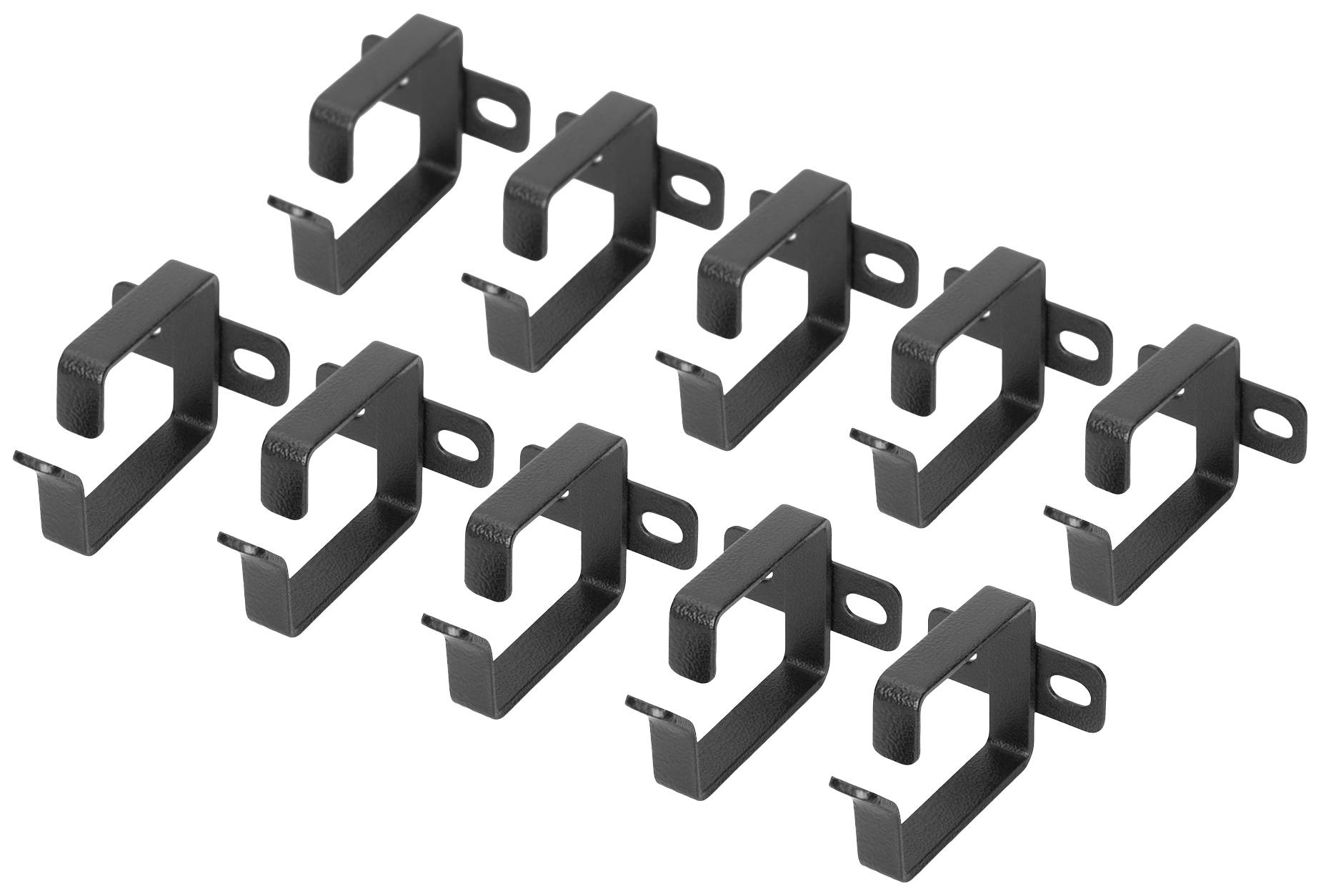 Acht schwarze Metallhaken in zwei Reihen, die zur Wandmontage geeignet sind. Ideal für das Aufhängen von Gegenständen.