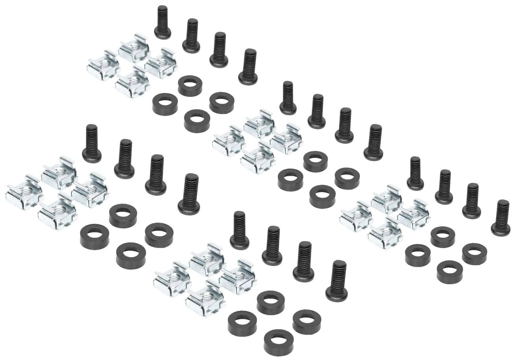 Schrauben, Unterlegscheiben und Klammern in drei Reihen angeordnet. Metallische und schwarze Komponenten für Montagen verwendet.