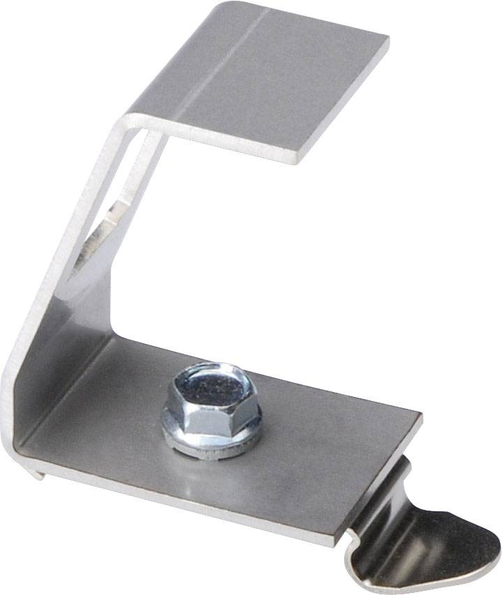 Metallhalterung mit Schraube, geeignet zum Befestigen von Solarpaneelen auf Schrägdächern. Rechteckige Form mit abgewinkelter Auflagefläche.