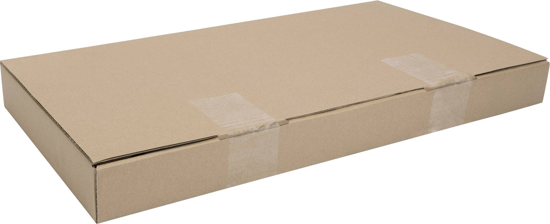Großer, flacher, rechteckiger Karton, geschlossen, auf einem weißen Hintergrund.