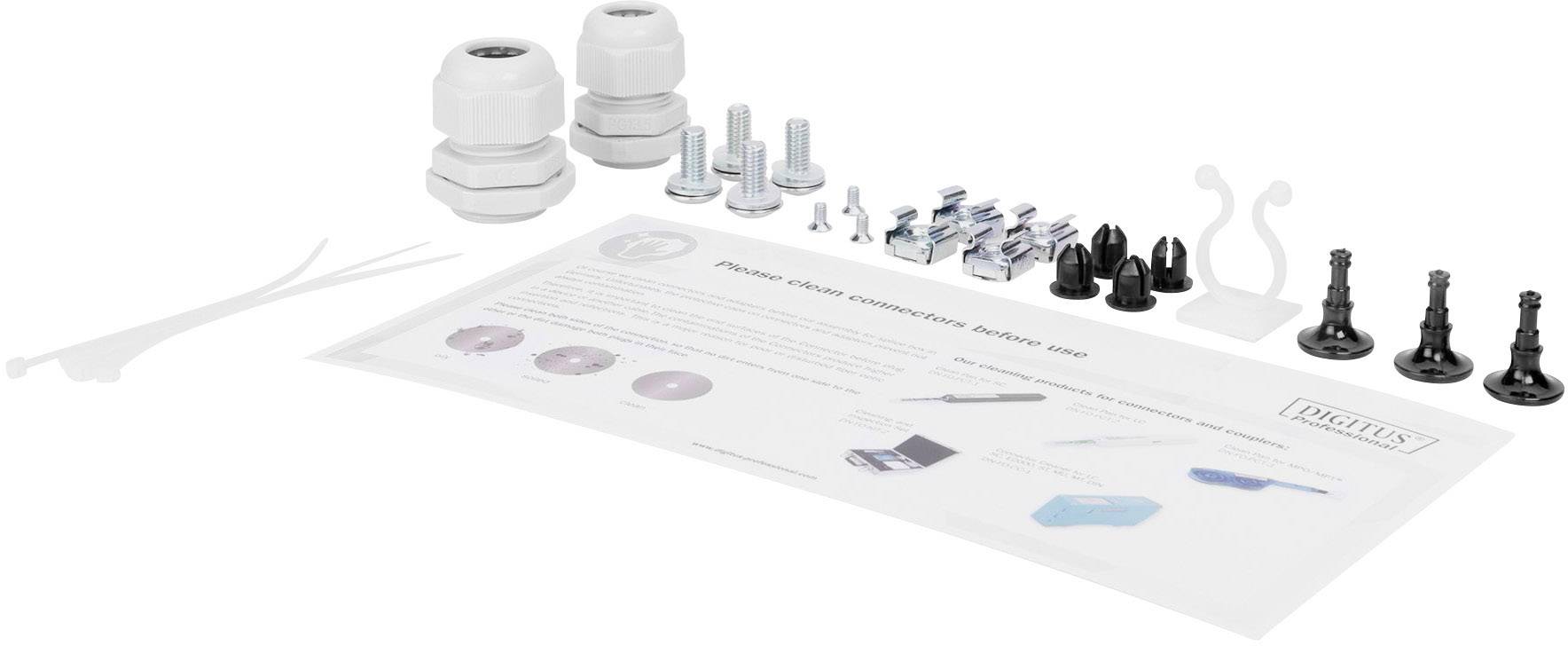 Installationszubehör-Set mit Kabeldurchführungen, Schrauben, Dübeln, Clips, Klemmen und einer Anleitung auf weißem Hintergrund.