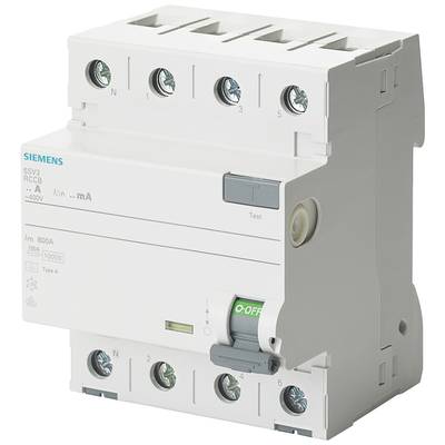 Ein weißer FI-Schutzschalter der Marke Siemens mit Beschriftungen für Strom, Spannung und Schalterstellung.