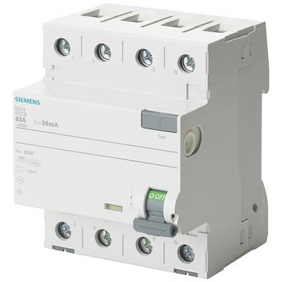 Ein FI-Schutzschalter von Siemens mit 63A und 30mA Auslösestrom, dient dem Schutz vor elektrischem Schlag in Stromkreisen.