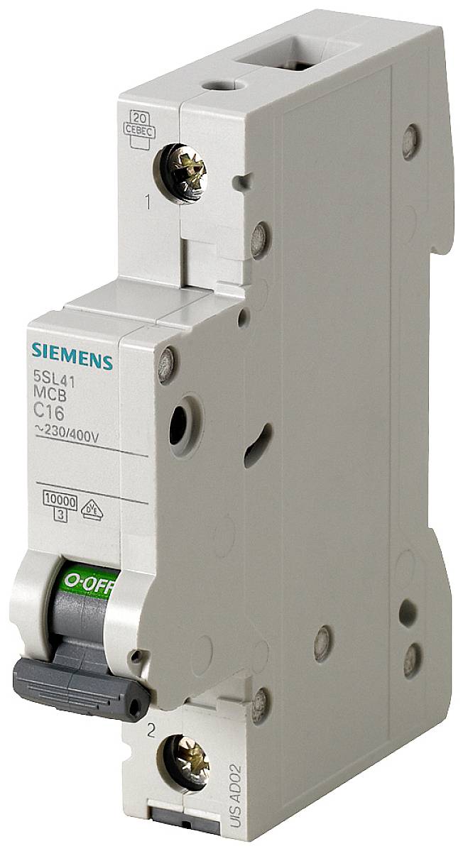 Ein einzelner Siemens-Leistungsschalter mit der Aufschrift 'MCB C16 230/400V', zeigt einen Kippschalter in der Position 'OFF'.