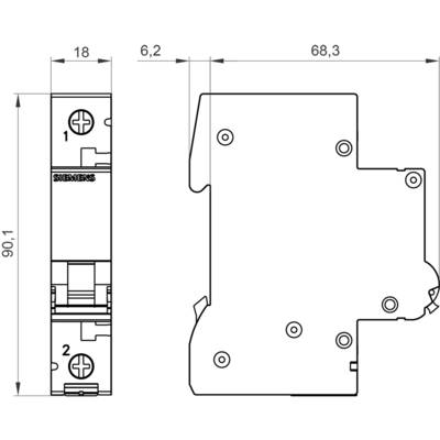 Technische Zeichnung eines elektrischen Bauteils mit den Maßen: Höhe 90,1 mm, Breite 18 mm, Tiefe 68,3 mm.