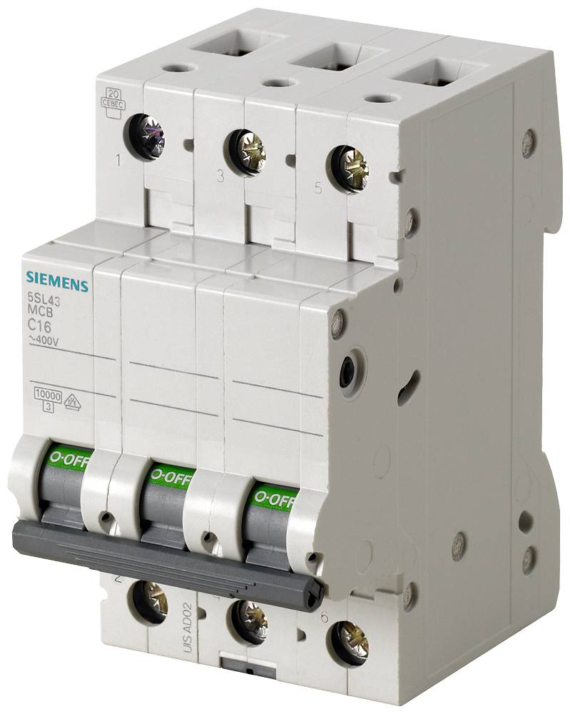 'Siemens' Sicherungsautomat, dreipolig, Modell 5SL4316-6, für 400V. Enthält Hebel und LED-Indikatoren für Betriebsstatus.
