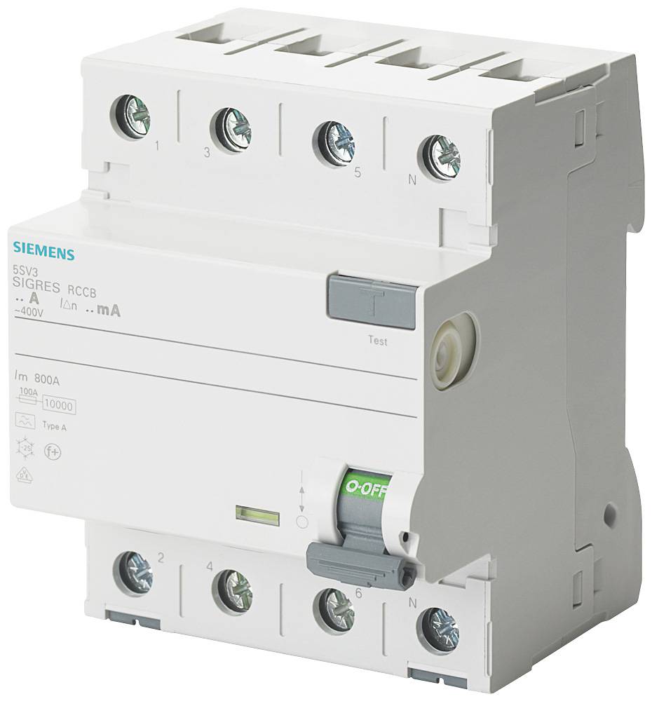 Ein Fehlerstromschutzschalter mit einem grünen Hebel in der 'Aus'-Position, genutzt zum Schutz von elektrischen Schaltkreisen.