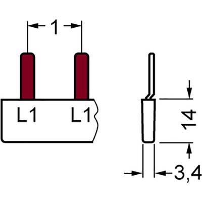 Technische Zeichnung eines elektrischen Bauteils mit zwei Pins. Beschriftungen: L1, Abstände von 1 und 3,4, Höhe 14.