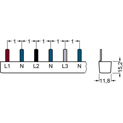 Steckverbindungsschema mit Leitungen L1, N, L2, N, L3, N, jeweils mit 1 Abstand. Rechts Querschnittsansicht mit Maßen 11,8 x 15,2.