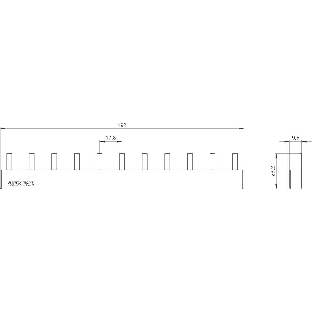 'Siemens Stromschiene', horizontale Leiste mit zehn vertikalen Steckkontakten. Maße: Länge 192 mm, Breite 9,5 mm, Höhe 28,2 mm.