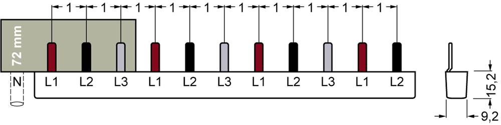 Ein Diagramm zeigt eine Klemmenleiste mit mehreren Anschlüssen. Die Anschlüsse sind abwechselnd nummeriert mit L1, L2, L3 und farblich markiert. Die Maße sind 72 mm und 15,2 mm.