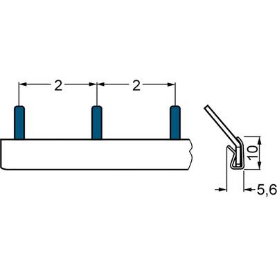 Seitenansicht eines Metallprofils mit drei hervorstehenden Stiften, jeweils 2 mm Abstand, Profilhöhe: 10 mm, Breite: 5,6 mm.