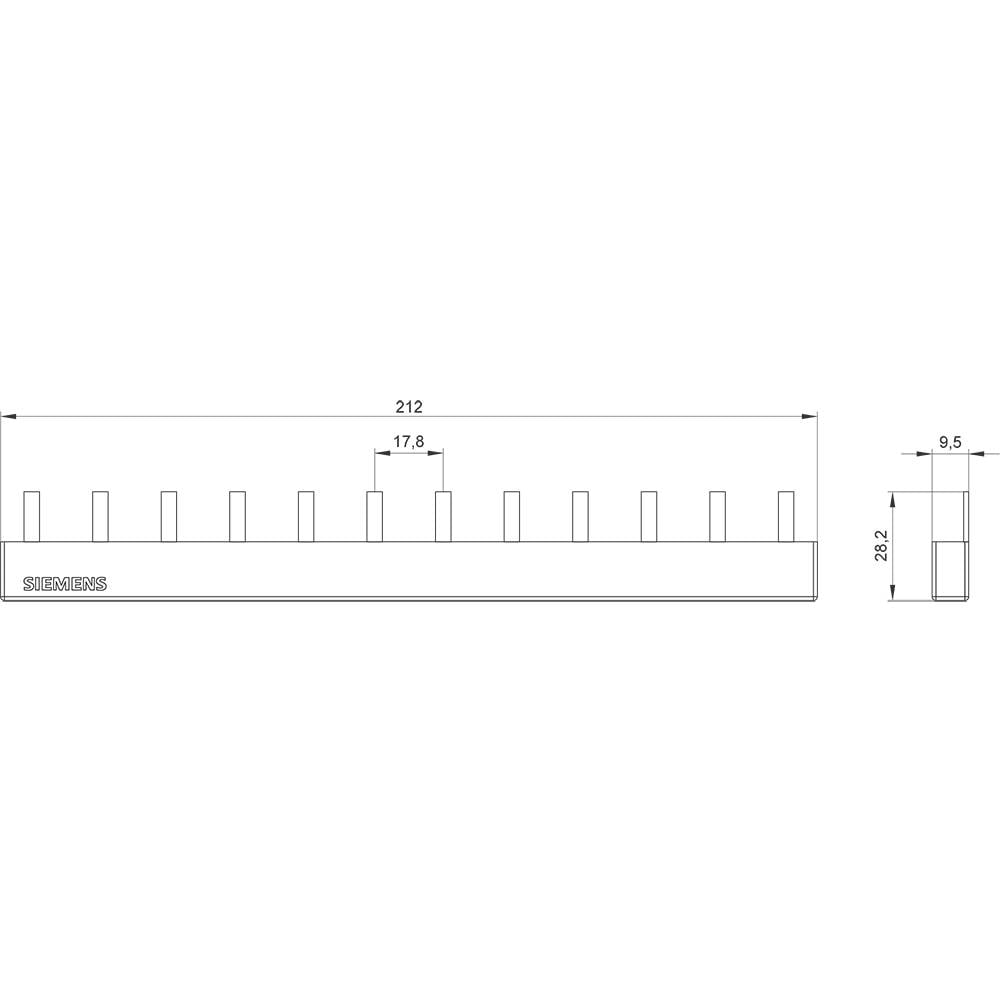 Technische Zeichnung einer Kühlkörperleiste mit Maßen: Länge 212 mm, Höhe 23,2 mm, Breite 9,5 mm, Lamellenabstand 17,8 mm.