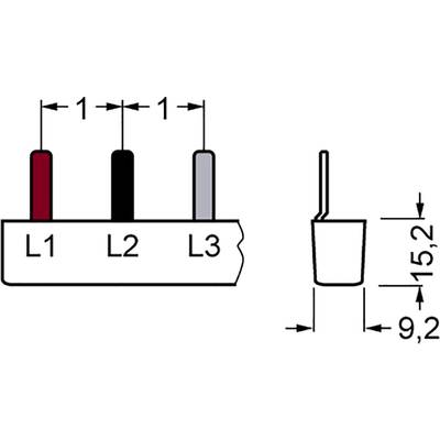 Diagramm zeigt ein dreipoliges Kabel mit Anschlüssen L1, L2, L3 in Rot, Schwarz und Grau, sowie Maße von 15,2 mm Höhe und 9,2 mm Breite.