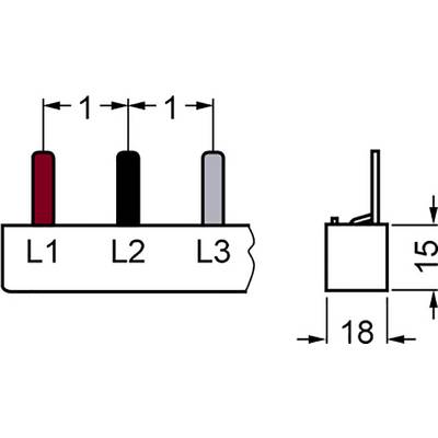 Dreipoliger Schalter: L1 rot, L2 schwarz, L3 grau. Maße: Breite 18 mm, Höhe 15 mm.