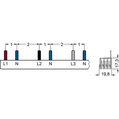 Die Abbildung zeigt einen Anschlussplan mit drei Phasen: L1, L2, L3, und Neutralleiter N. Abstand zwischen Anschlüssen ist 2 mm.