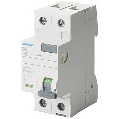 'RCD-Schutzschalter von Siemens, Modell 5SV3, bis 500A, Typ A, 230V. Schaltet Stromkreise bei Fehlerströmen ab. Drehregler auf "I-ON".'